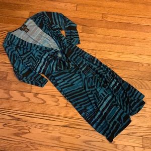 Nina Leonard Wrap Dress Turquoise Blue & black V-neck Stretchy